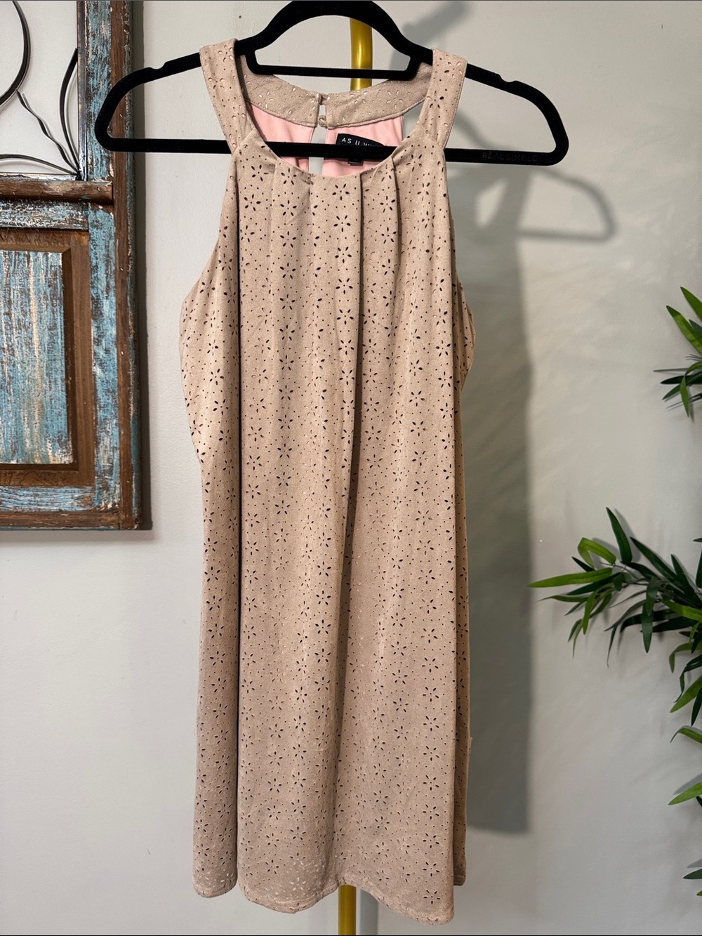As U Wish faux suede Blush halter Eyelet Shift Dress EUC S